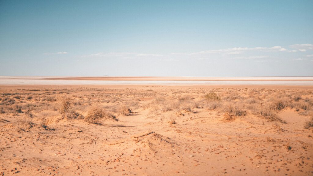 A landscape photograph of the arid remains of Lake Eyre on a sunny day.