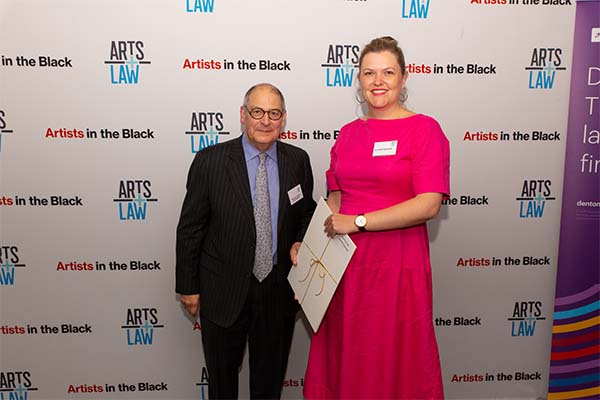 Arts Law President Justice John Sackar with one of the Arts Law Pro Bono Awards recipients Lucinda Edwards at the awards