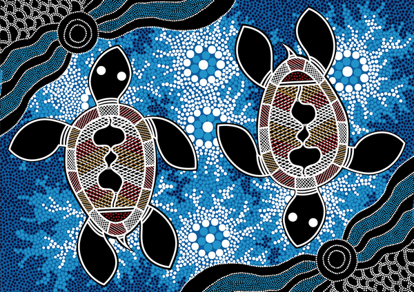 A painting of two sea turtles on a blue background