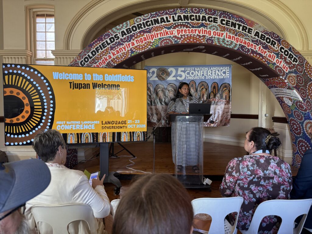 Roxanne speaking at the First Languages Australia Conference 2025